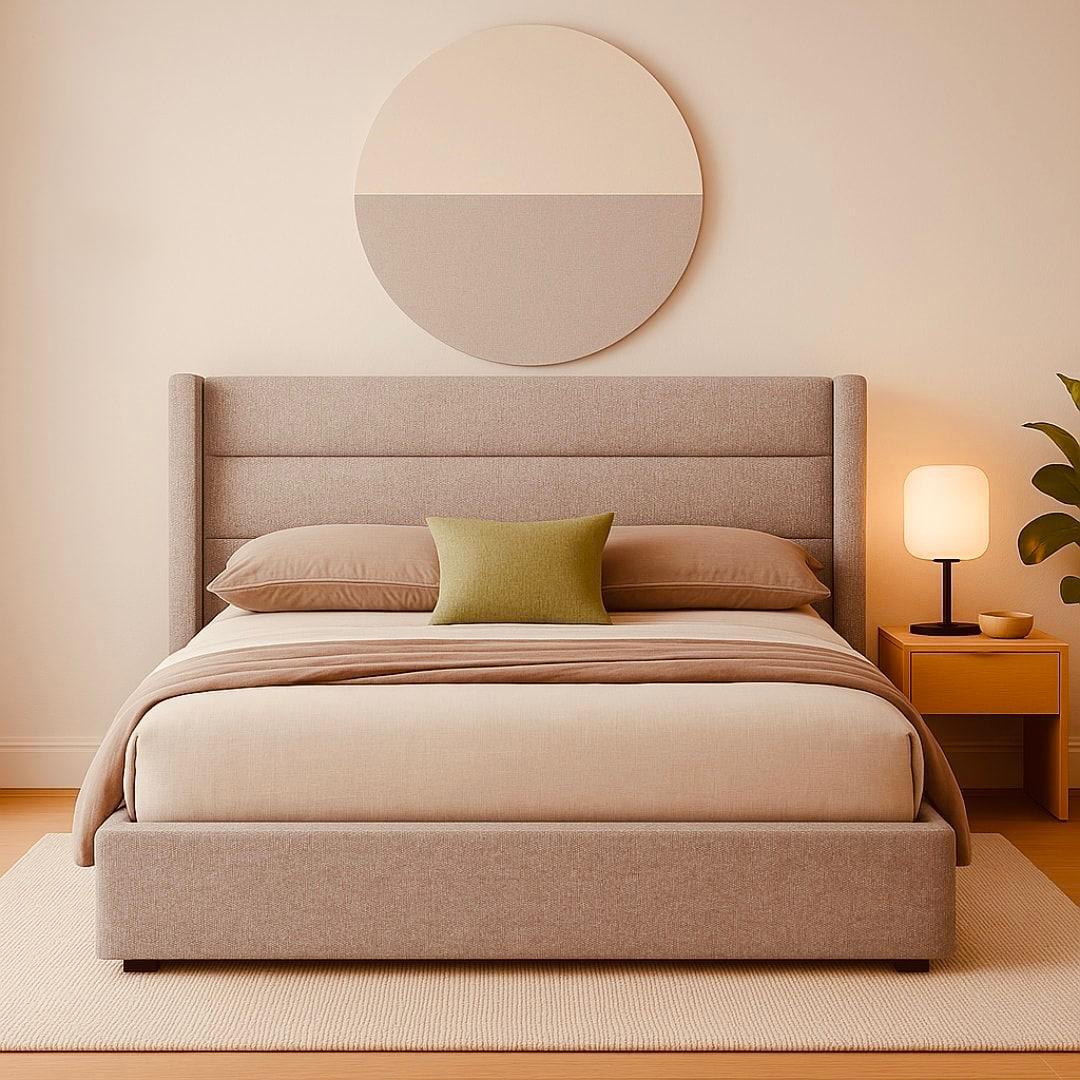 Beige Wingback Upholstered Queen Bed