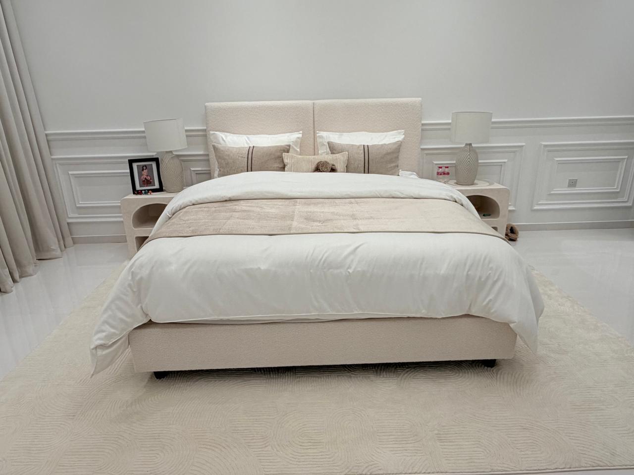 Cream Upholstered Bed with Matching Nightstands