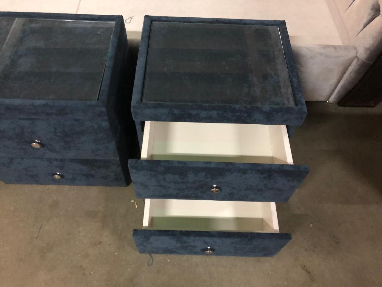 Sapphire Blue Upholstered Bedside Table with Glass Top